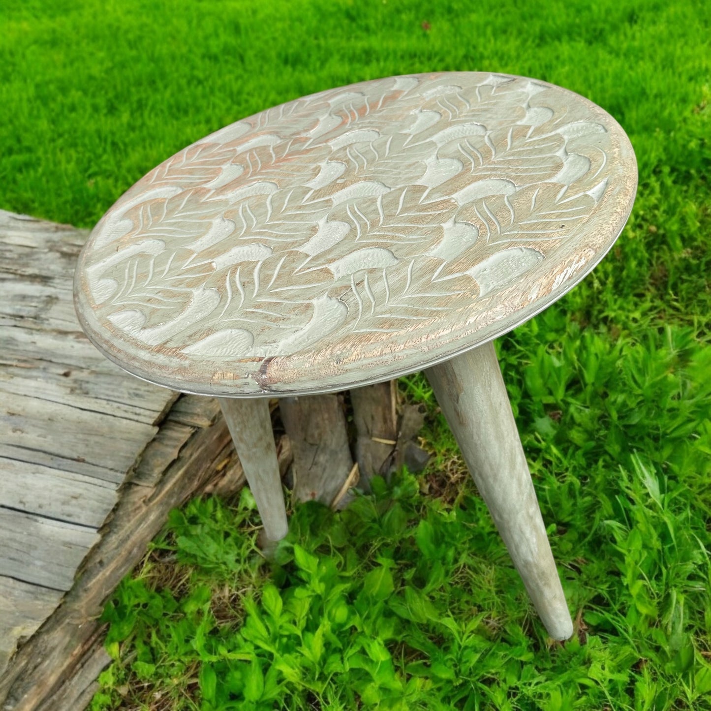 Antique Carved Grey Wooden Accent Table with Detachable Legs