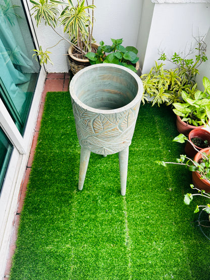 The Antique Verdigris Vessel Mango Wood Sofa Side Planter with detachable legs
