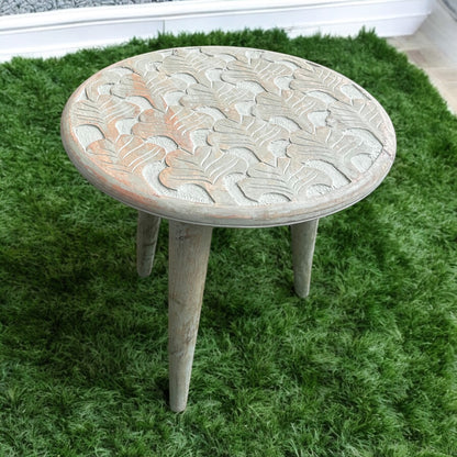 Antique Carved Grey Wooden Accent Table with Detachable Legs