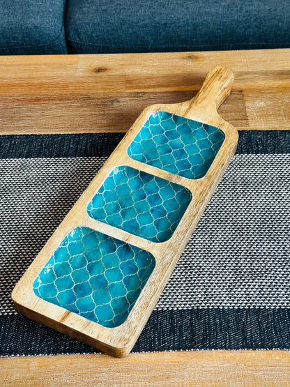 Meraki Turquoise Dream Mango Wood Three Part Platter - single