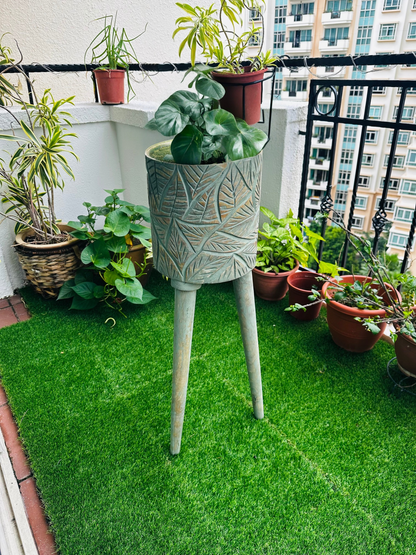 The Antique Verdigris Vessel Mango Wood Sofa Side Planter with detachable legs