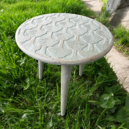 Antique Carved Grey Wooden Accent Table with Detachable Legs