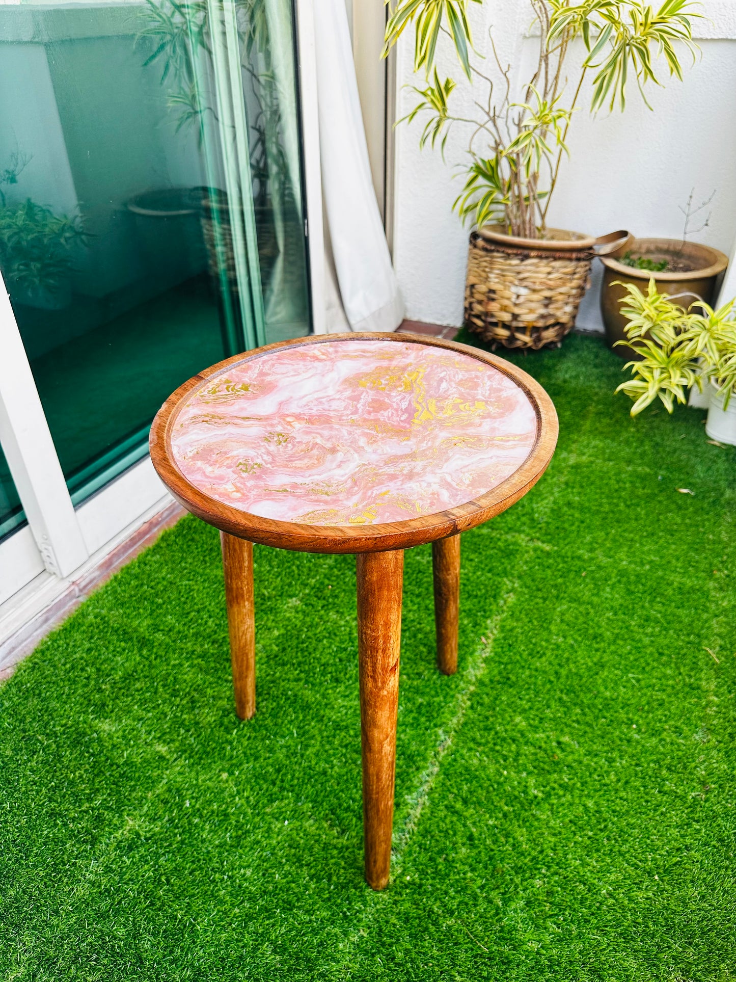 Acacia Wooden Accent Table Small Blush Enamel Detachable Legs Table - single