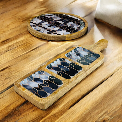 Meraki Contrast Geometric Elegance Mango Wood Three Part Platter - single