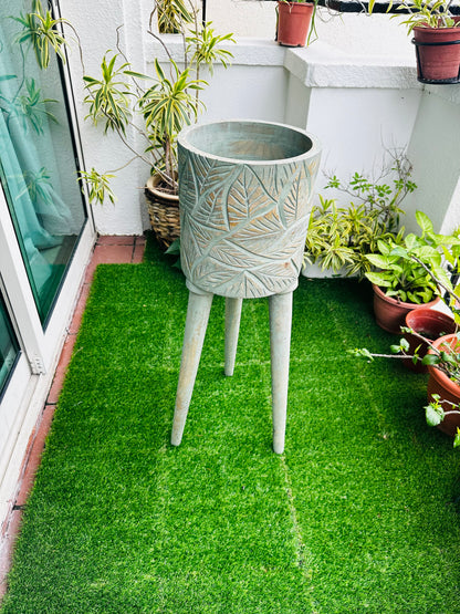 The Antique Verdigris Vessel Mango Wood Sofa Side Planter with detachable legs