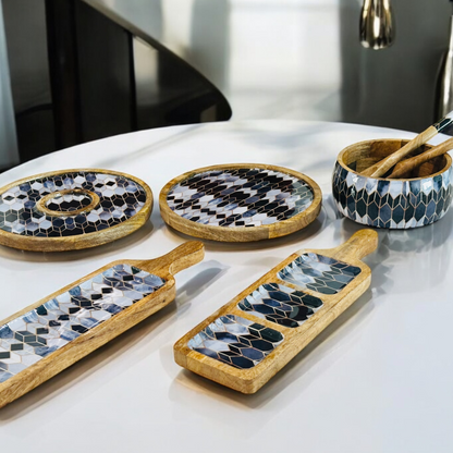 Meraki Contrast Geometric Elegance Mango Wood Three Part Platter - single