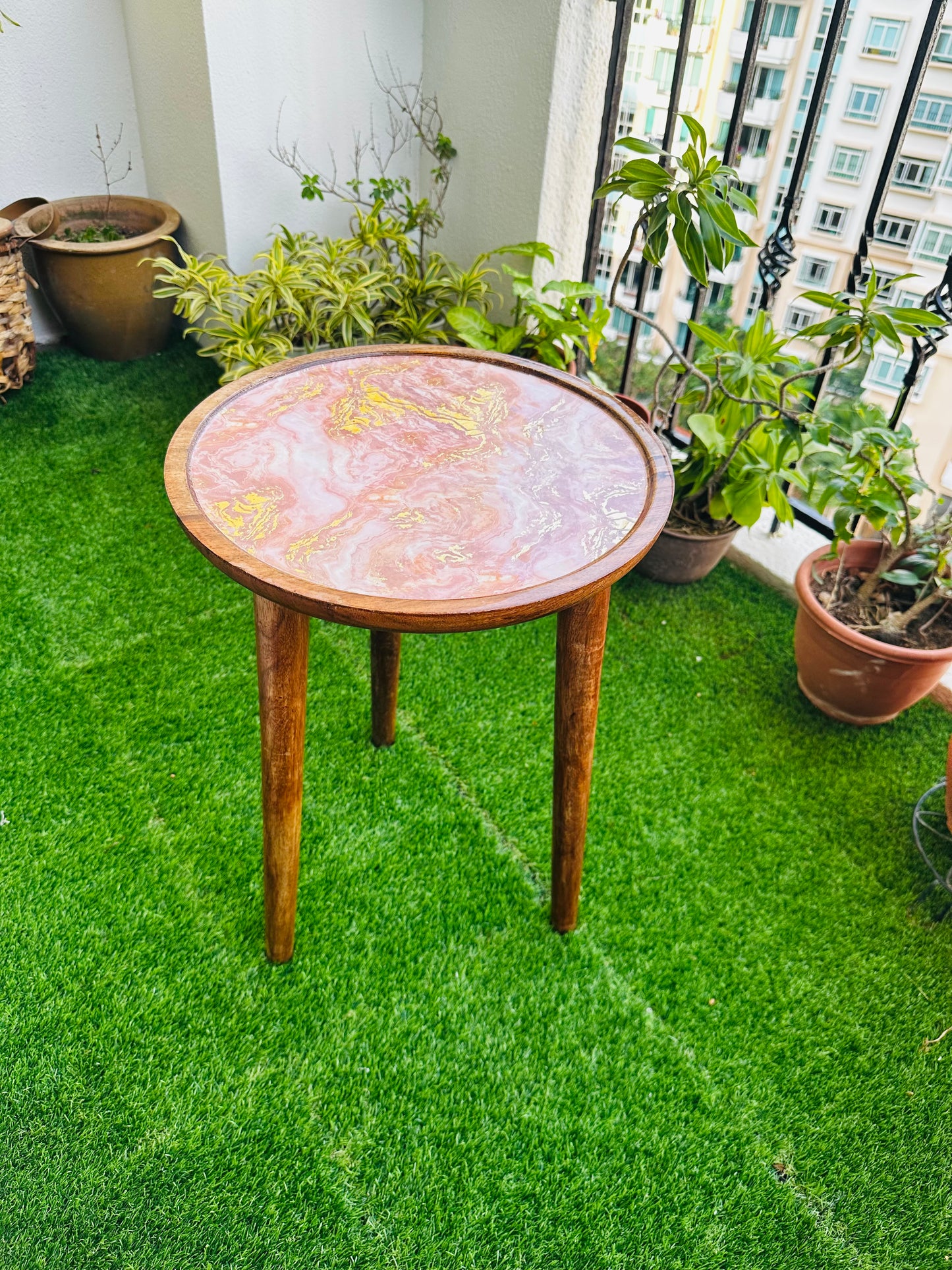 Acacia Wooden Accent Table Small Blush Enamel Detachable Legs Table - single