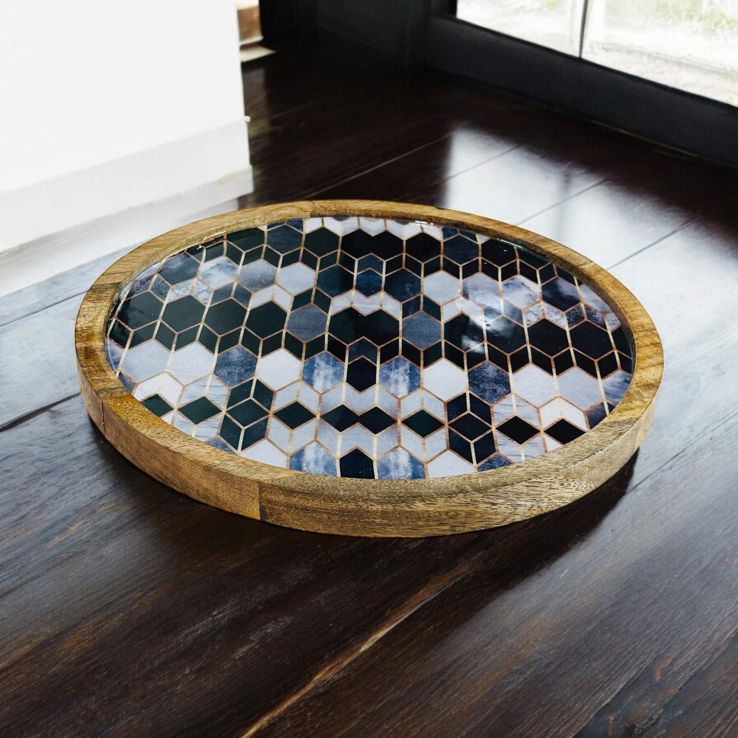Meraki Contrast Geometric Elegance Mango Wood Round Platter - single