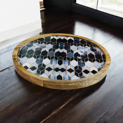 Meraki Contrast Geometric Elegance Mango Wood Round Platter - single
