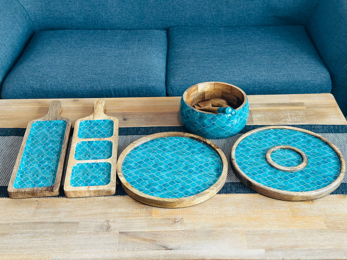 Meraki Turquoise Dream Mango Wood Round Dip Platter - single