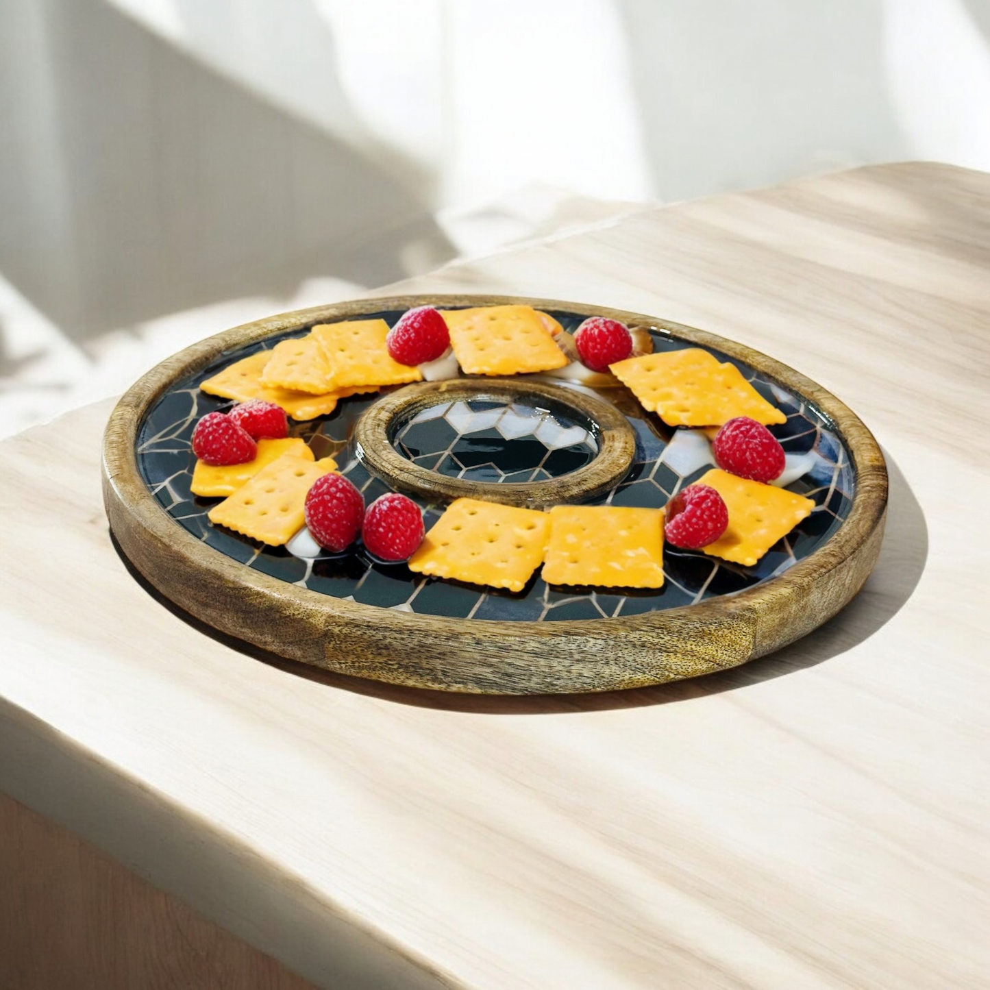 Meraki Contrast Geometric Elegance Mango Wood Round Dip Platter - single