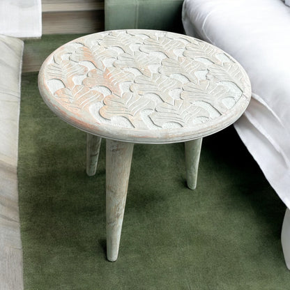 Antique Carved Grey Wooden Accent Table with Detachable Legs