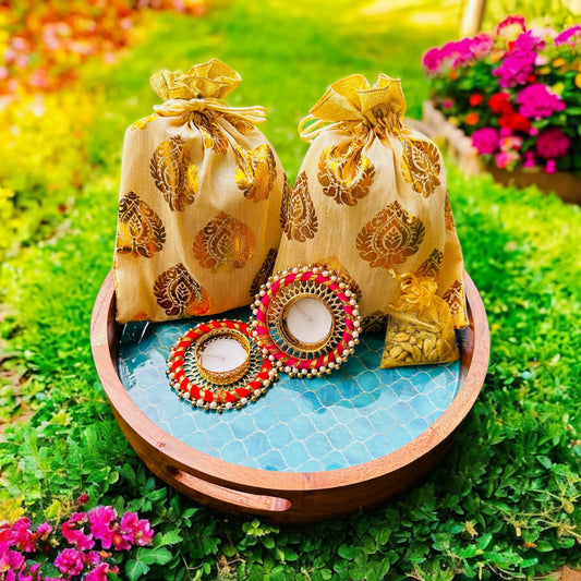 Festival Gift Hamper 3: Wooden turquoise dream tray with festival goodies including normal delivery