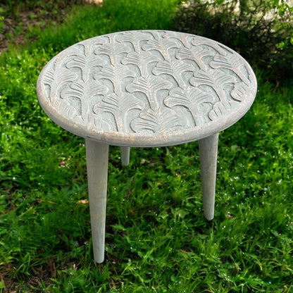 Antique Carved Grey Wooden Accent Table with Detachable Legs
