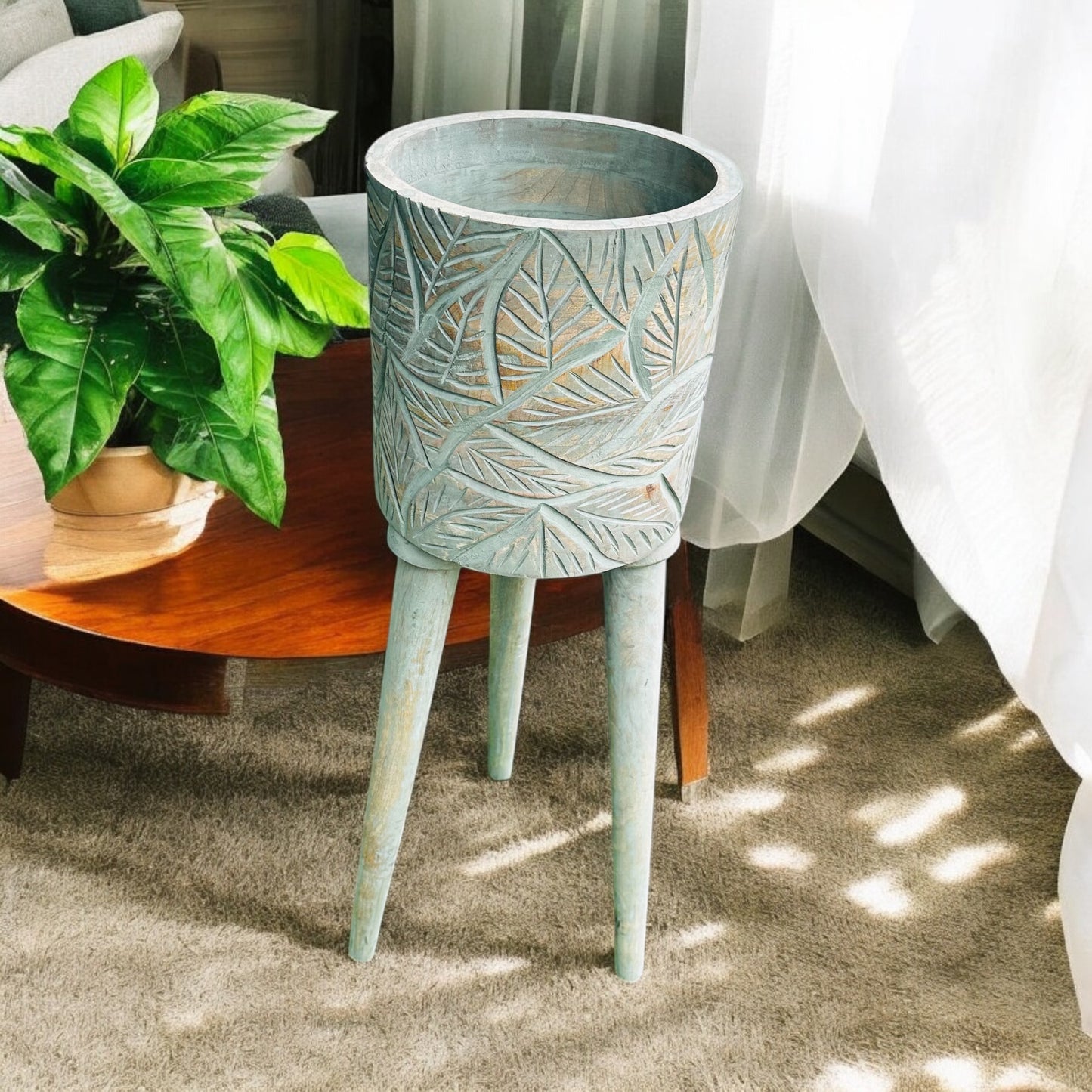 The Antique Verdigris Vessel Mango Wood Sofa Side Planter with detachable legs
