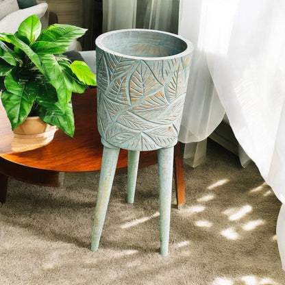 The Antique Verdigris Vessel Mango Wood Sofa Side Planter with detachable legs