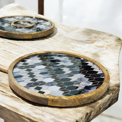 Meraki Contrast Geometric Elegance Mango Wood Round Platter - single