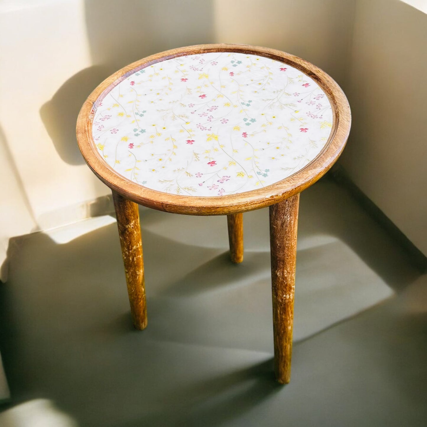 Acacia Small Wooden Accent Table Meraki Floral Enamel Blooms Detachable Legs Table - single