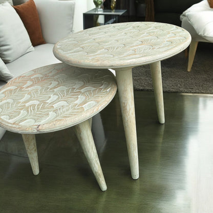 Antique Carved Grey Wooden Accent Table with Detachable Legs