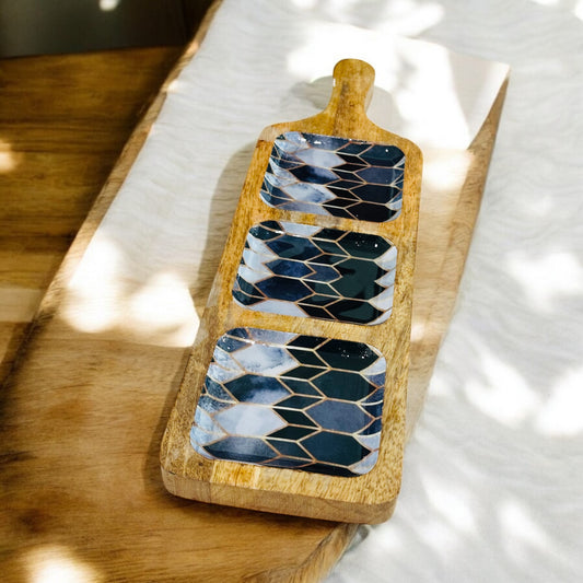 Meraki Contrast Geometric Elegance Mango Wood Three Part Platter - single