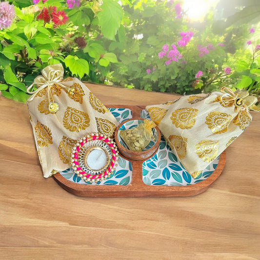 Festival Gift Hamper 1 : Wooden dual side leaves platter with festive goodies including normal delivery