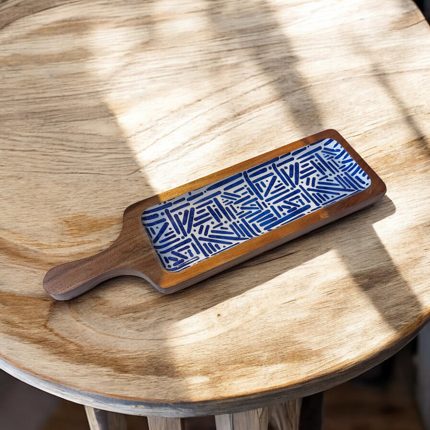 Meraki Blue Meridian Long Acacia Wood Platter - single