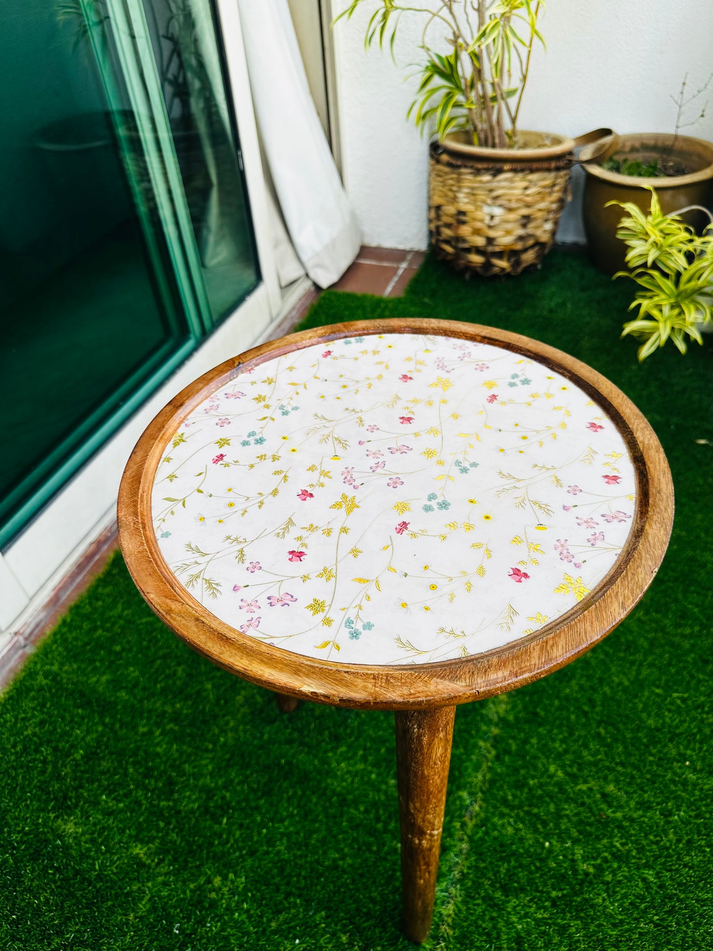 Acacia Small Wooden Accent Table Meraki Floral Enamel Blooms Detachable Legs Table - single