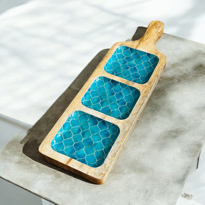 Meraki Turquoise Dream Mango Wood Three Part Platter - single