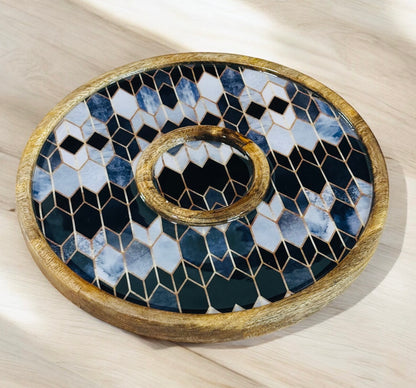 Meraki Contrast Geometric Elegance Mango Wood Round Dip Platter - single