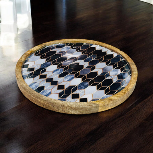 Meraki Contrast Geometric Elegance Mango Wood Round Platter - single