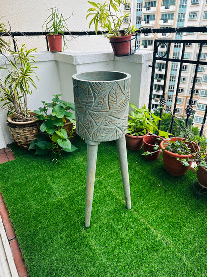 The Antique Verdigris Vessel Mango Wood Sofa Side Planter with detachable legs