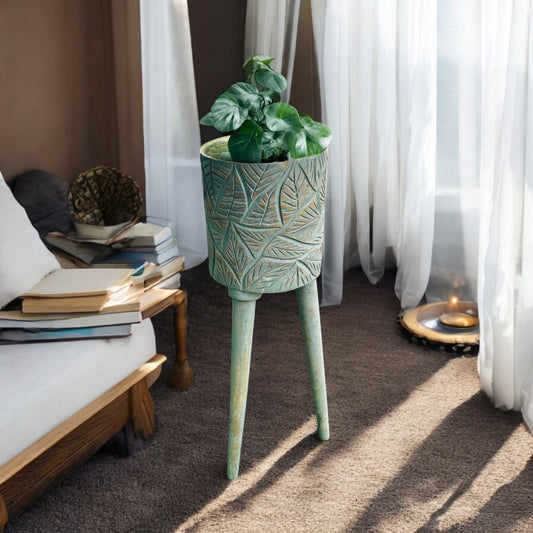 The Antique Verdigris Vessel Mango Wood Sofa Side Planter with detachable legs