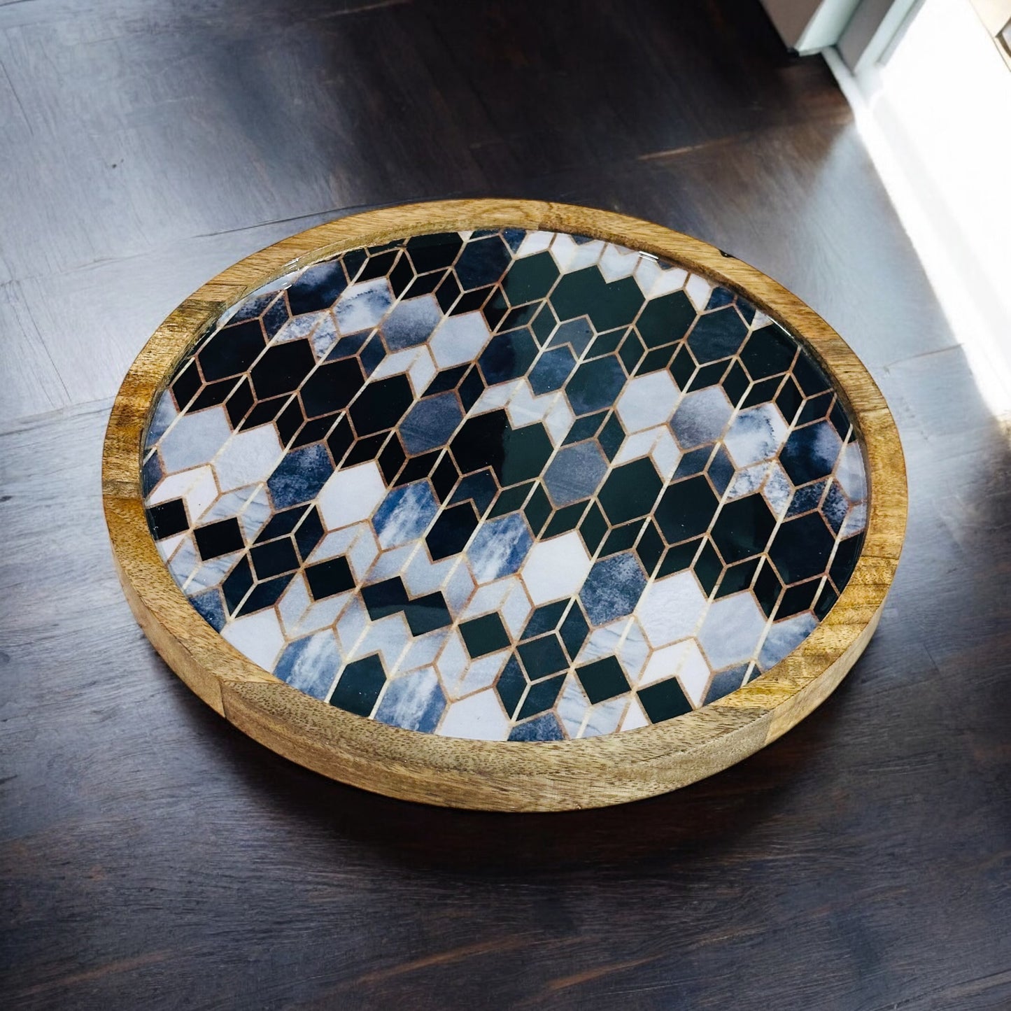 Meraki Contrast Geometric Elegance Mango Wood Round Platter - single