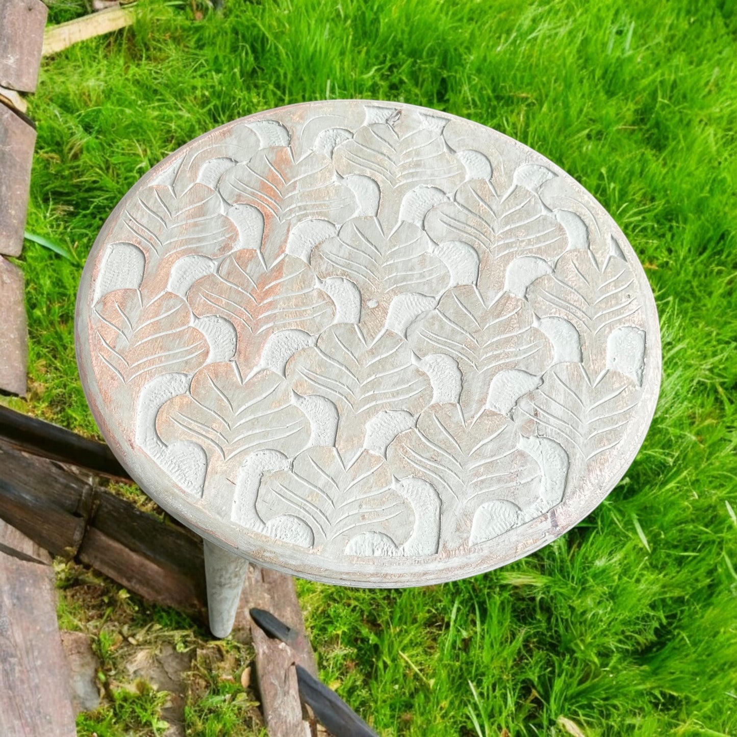 Antique Carved Grey Wooden Accent Table with Detachable Legs
