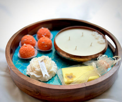 Sustainably Radiant Hamper ft acacia wood turquoise dream tray and aromatic candles