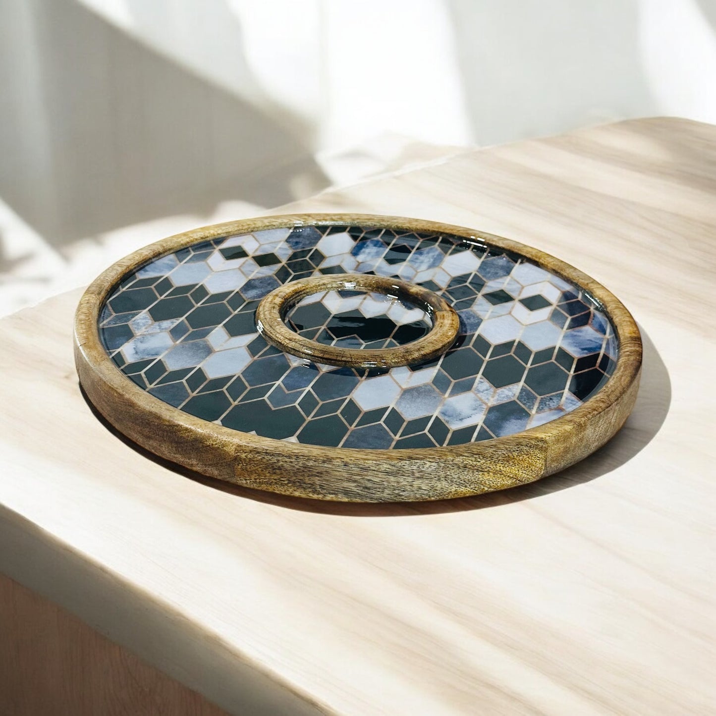 Meraki Contrast Geometric Elegance Mango Wood Round Dip Platter - single