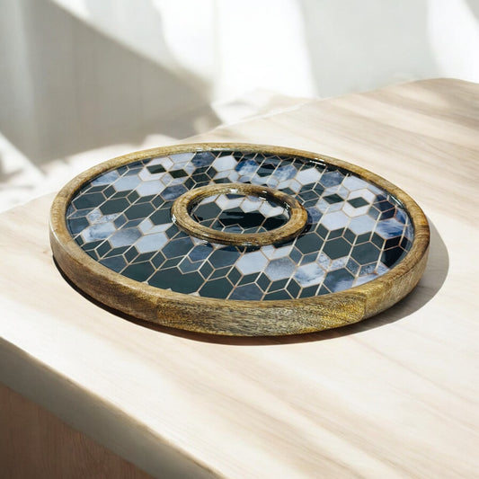 Meraki Contrast Geometric Elegance Mango Wood Round Dip Platter - single