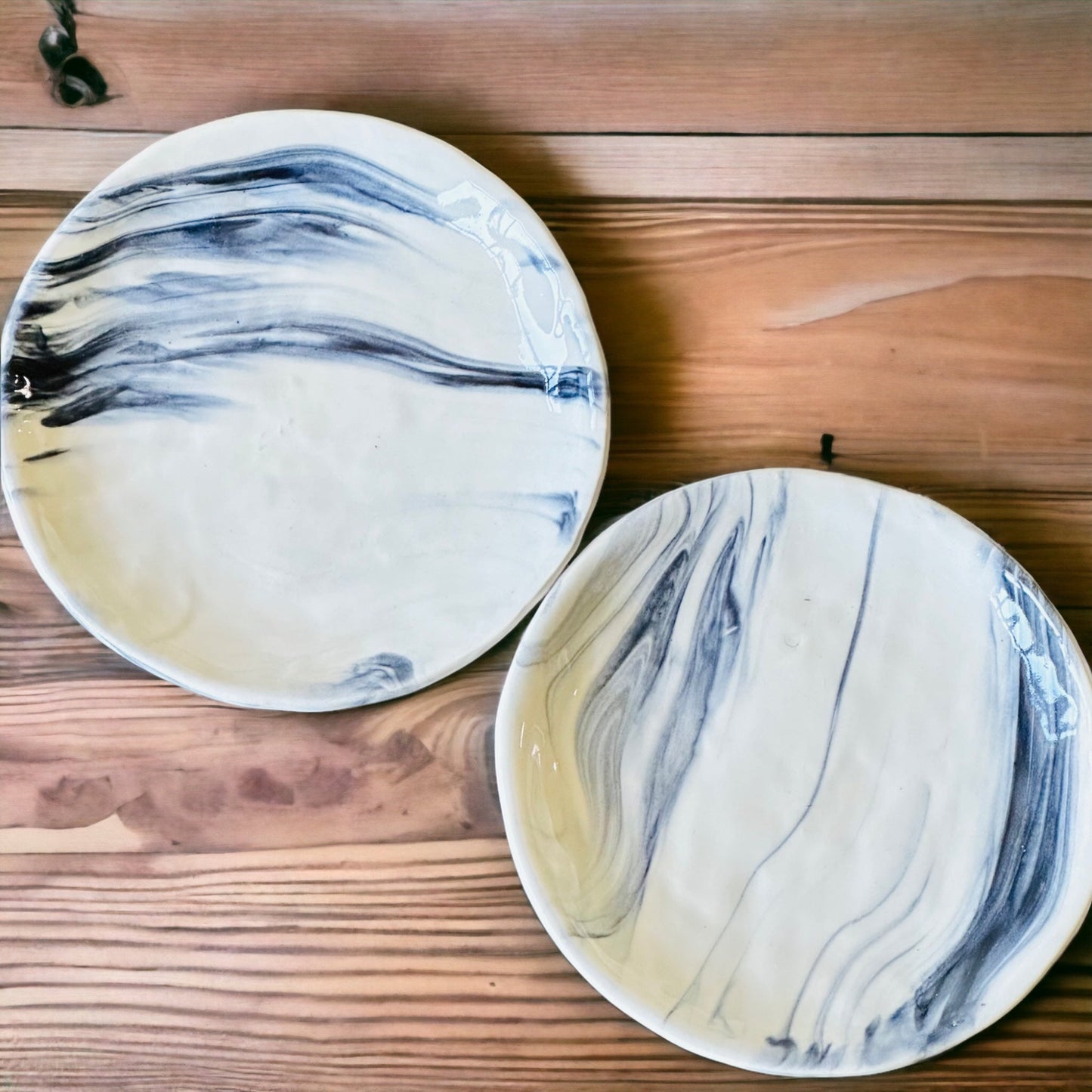 Marble-finish stoneware snack plates - set of two