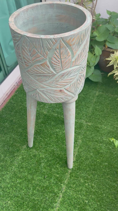 The Antique Verdigris Vessel Mango Wood Sofa Side Planter with detachable legs